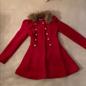 Red peplum jacket with detachable fur
